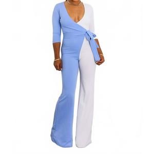 NEW SURELYMINE sky & ivory colorblock wrap jumpsuit in multi